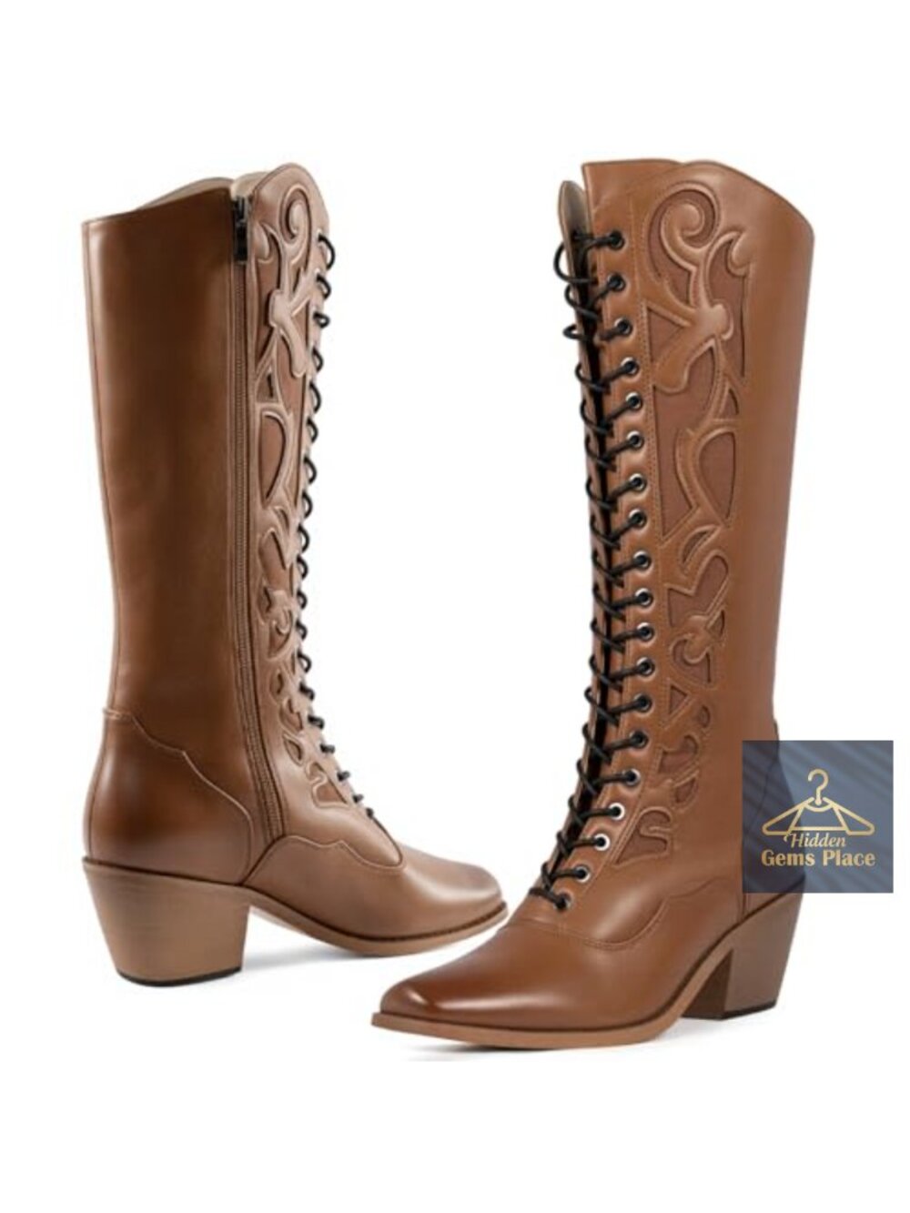 Lace Up Square Toe Knee High Cowgirl Boots, Low Block Heel Western Boots, Vegan